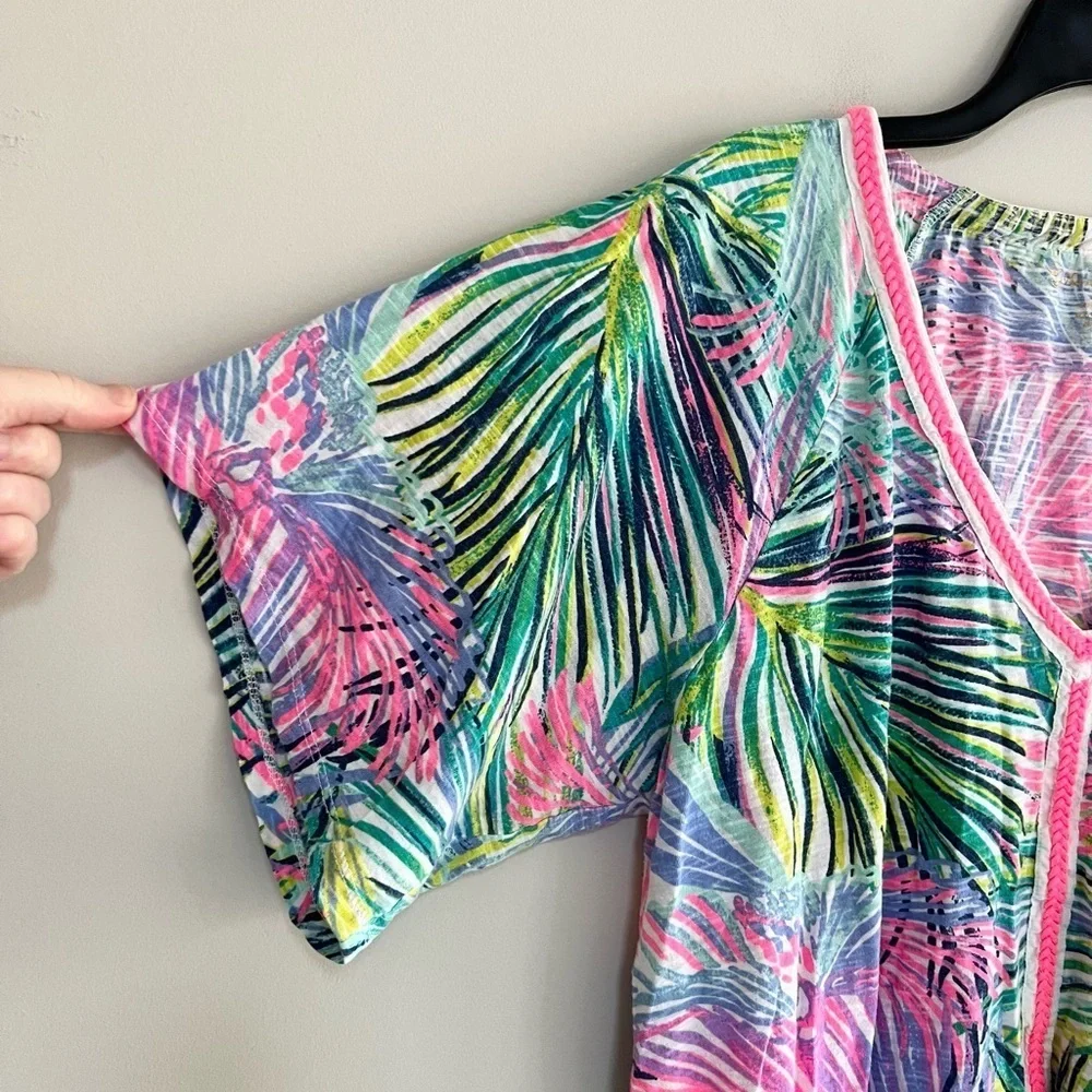Lilly Pulitzer Bonita V-Neck Short Sleeve Cotton Coverup Tropical Palm Print, L